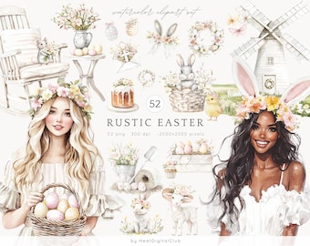 Watercolor Rustic Easter Clipart, Pastel Easter Clip Art, Easter Bunny, Spring Clipart, Happy Easter PNG, Cozy Easter, Digital Stickers