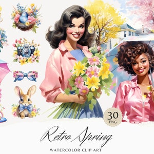 Clipart printemps rétro aquarelle, clipart printemps confortable, graphiques floraux, printemps mignon, fleurs, saison, fille aquarelle, autocollants numériques