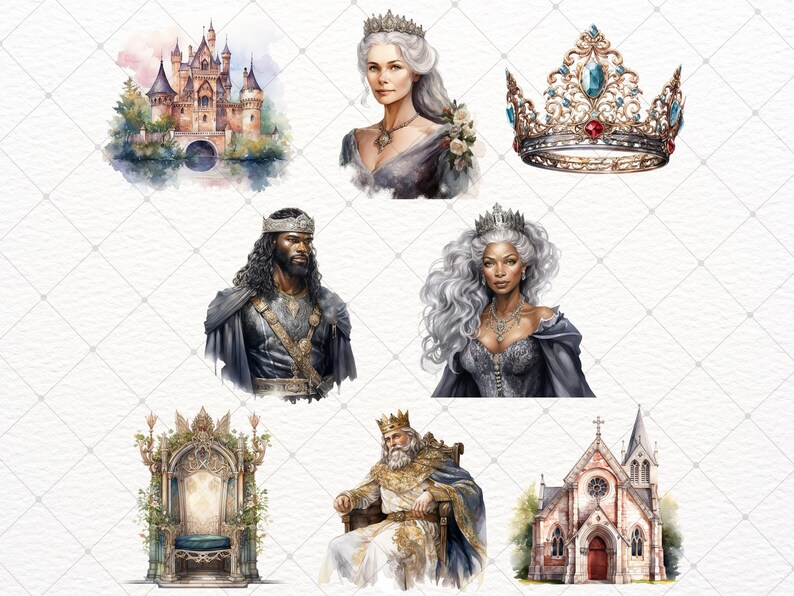 May include: A watercolor illustration set featuring a castle, a throne, a church, and three figures wearing crowns. The figures are a king, a queen, and a person with long black hair. The set is painted in a whimsical style with soft colors.