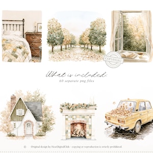 May include: Watercolor illustrations of a bedroom, a tree-lined path, an open window with a book, a cottage, a fireplace, and a yellow car. The text "What is included: 60 separate png files" is also present. The overall theme is autumn and home decor.