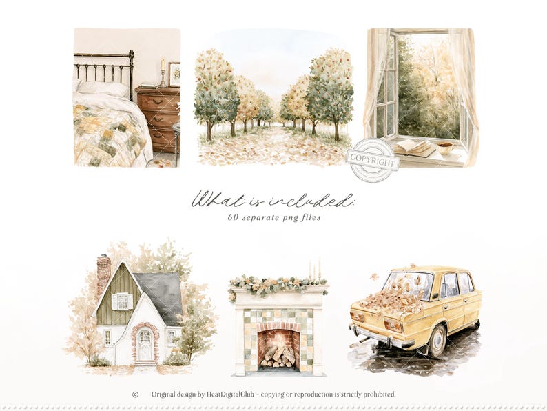 May include: Watercolor illustrations of a bedroom, a tree-lined path, an open window with a book, a cottage, a fireplace, and a yellow car. The text "What is included: 60 separate png files" is also present. The overall theme is autumn and home decor.