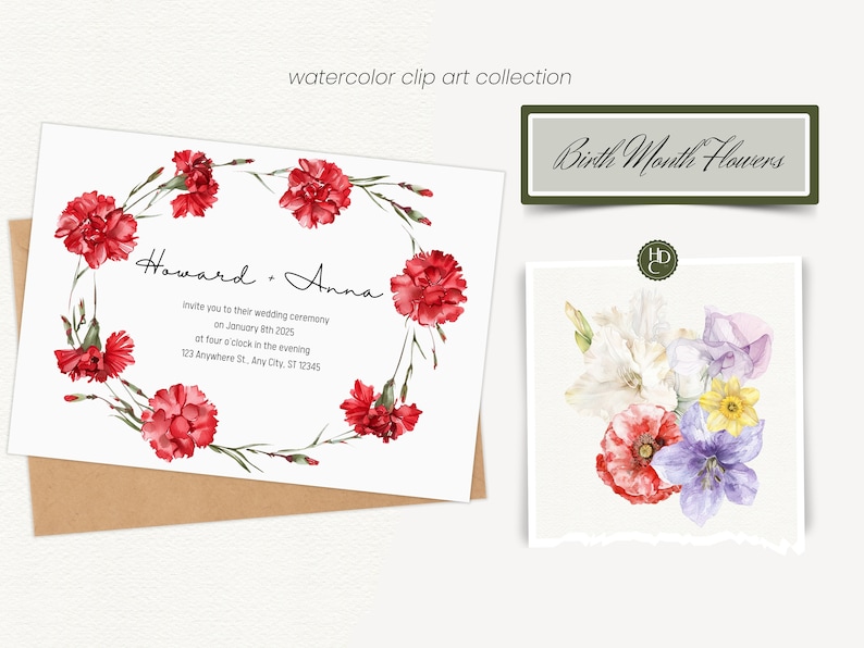 May include: A watercolor illustration of a bouquet of flowers, including a red poppy, white gladiolus, purple iris, and yellow daffodils. The flowers are arranged in a loose, natural style, and the background is a soft white.