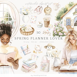 Aquarell Frühling Planer Liebhaber Clipart, Planer Clip Art, Planer Girl PNG Bundle, Pastell Pastell Planung, kommerzielle Nutzung, digitale Aufkleber