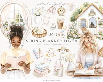 Watercolor Spring Planner Lover Clipart, Planner Clip Art, Planner Girl PNG Bundle, Cozy Pastel Planning, Commercial Use, Digital stickers