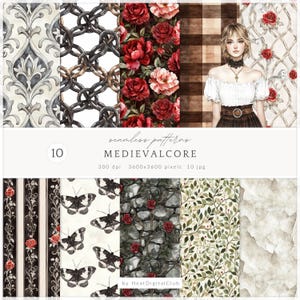 May include: A digital art collection of 10 seamless patterns with a medieval theme. The patterns include floral, chain, and plaid designs, along with a portrait of a woman. The color palette features red, black, and neutral tones. The text on the image reads "MEDIEVALCORE".