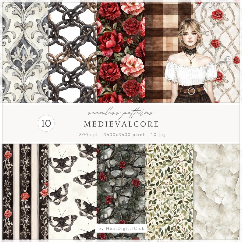 May include: A digital art collection of 10 seamless patterns with a medieval theme. The patterns include floral, chain, and plaid designs, along with a portrait of a woman. The color palette features red, black, and neutral tones. The text on the image reads "MEDIEVALCORE".
