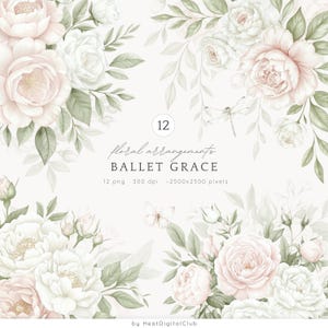 May include: A digital illustration of 12 floral arrangements featuring white and blush pink roses with green leaves. The text "12 floral arrangements BALLET GRACE 12 png 300 dpi -2500x2500 pixels by Heat Digital Club" is at the bottom of the image.