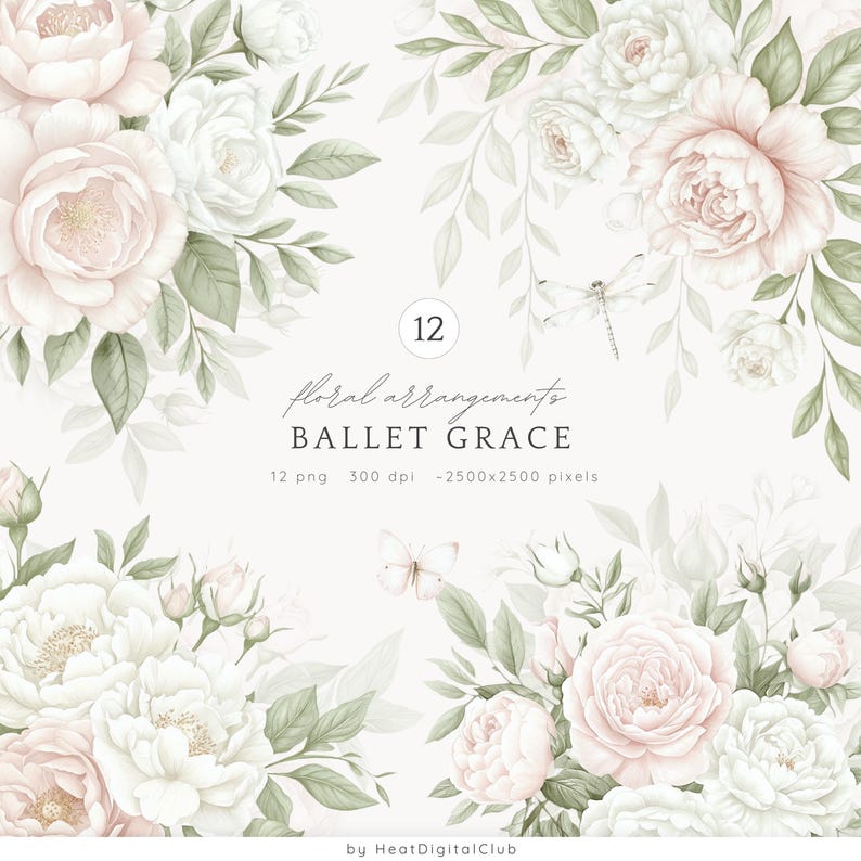 May include: A digital illustration of 12 floral arrangements featuring white and blush pink roses with green leaves. The text "12 floral arrangements BALLET GRACE 12 png 300 dpi -2500x2500 pixels by Heat Digital Club" is at the bottom of the image.