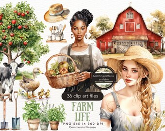 Watercolor Farm Life Clipart Bundle, Farm Animals PNG (Digital Download)