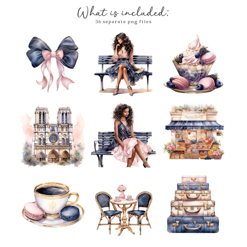 May include: A digital illustration set featuring Parisian-themed elements, including a woman sitting on a bench, a cafe table and chairs, a stack of suitcases, a dessert in a bowl, a bow, a building, and a bakery.