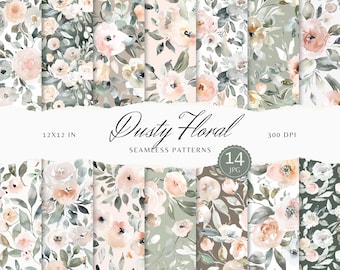 Watercolor Dusty Floral Seamless Patterns, Sage Green Flowers JPEG, Botanical Printable Scrapbook Paper, Digital Download Repeating pattern