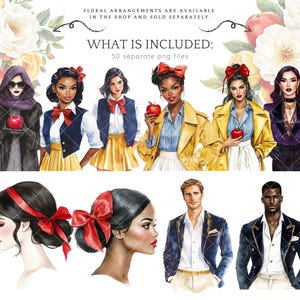 May include: A digital illustration set featuring 50 separate PNG files of various characters, including princesses, princes, and a queen. The characters are depicted in a whimsical style with vibrant colours and intricate details. The set includes a variety of poses and expressions, making it perfect for creating unique and personalised projects.