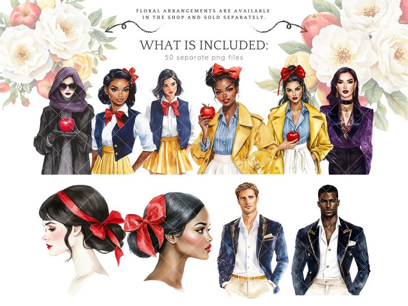 May include: A digital illustration set featuring 50 separate PNG files of various characters, including princesses, princes, and a queen. The characters are depicted in a whimsical style with vibrant colours and intricate details. The set includes a variety of poses and expressions, making it perfect for creating unique and personalised projects.