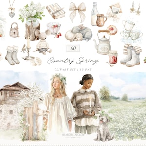 May include: Watercolor clipart set titled "Country Spring" featuring various illustrations. Includes a house, two women, a lamb, a dog, and other elements like flowers, teacups, and a teapot. The set contains 60 PNG images.