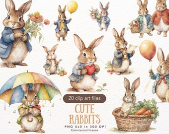 Cute Rabbits Clipart - Cute Watercolor Bunny Clip Art, Cute Bunnies Clipart, Clipart PNG, Commercial Use Digital Instant Download