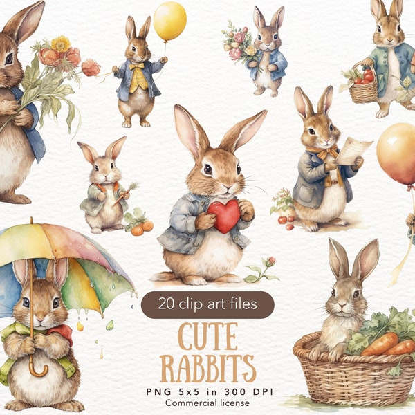 Cute Rabbits Clipart - Cute Watercolor Bunny Clip Art, Cute Bunnies Clipart, Clipart PNG, Commercial Use Digital Instant Download