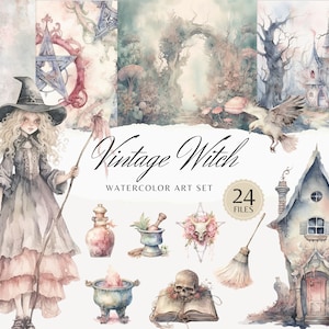 May include: A watercolor art set featuring a vintage witch with a long, flowing dress and a pointed hat. The set includes 24 files with images of a potion bottle, a mortar and pestle, a skull, a book, a broom, and a house.