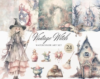 Watercolor Vintage Witch Clipart Bundle, Magic Witch clip art PNG, Witches PNG, Scrapbook Pagan Junk Journal Instant Download Commercial Use