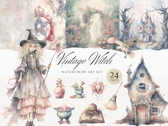 Watercolor Vintage Witch Clipart Bundle, Magic Witch clip art PNG, Witches PNG, Scrapbook Pagan Junk Journal Instant Download Commercial Use