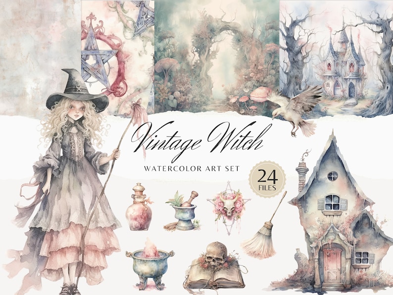 May include: A watercolor art set featuring a vintage witch with a long, flowing dress and a pointed hat. The set includes 24 files with images of a potion bottle, a mortar and pestle, a skull, a book, a broom, and a house.