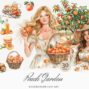 Bundle de cliparts jardin pêches aquarelle, clipart fruits, graphiques d'été, fleurs de printemps, saisonnier, fille aquarelle, autocollants numériques