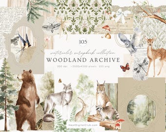 May include: Watercolor scrapbook collection titled "WOODLAND ARCHIVE" featuring illustrations of woodland animals, including a bear, deer, owl, and wolf. The image includes butterflies, mushrooms, and the text "105" and "300 dpi -3500x4500 pixels 105 png".