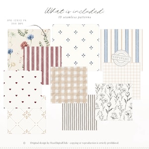 Op de afbeelding: Een verzameling van tien naadloze patronen in verschillende ontwerpen. De patronen omvatten bloemen-, gestreepte, hart- en geruite motieven. De afbeelding bevat de tekst "What is included: 10 seamless patterns."