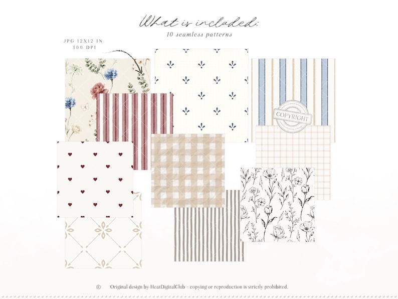 Op de afbeelding: Een verzameling van tien naadloze patronen in verschillende ontwerpen. De patronen omvatten bloemen-, gestreepte, hart- en geruite motieven. De afbeelding bevat de tekst "What is included: 10 seamless patterns."