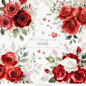 Aquarell Valentinstag Blumenarrangements ClipArt, rote Rosen PNG, Rosenstrauß, rot und weiß, Romantische Blumen, digitaler Download