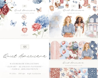 Watercolor Quiet Americana Clipart, 4th of July Clipart, Vintage Summer Clipart, Independence Day PNG, Patriotic PNG, Digital Download
