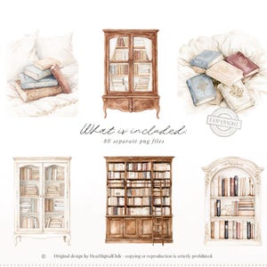 Op de afbeelding: Waterverfillustraties van antieke boekenplanken en boeken. De afbeelding bevat verschillende stijlen boekenplanken, stapels boeken en losse boeken. De tekst "What is included: 80 separate png files" is ook aanwezig.