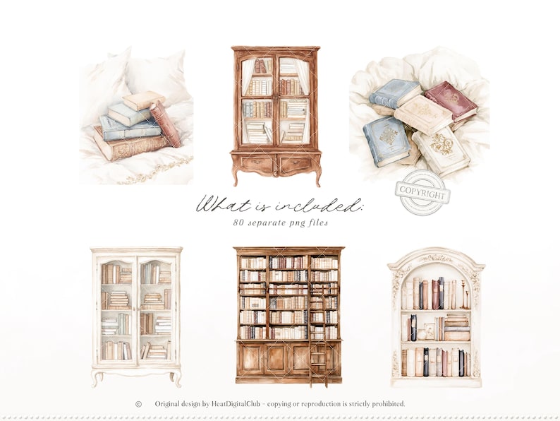 Op de afbeelding: Waterverfillustraties van antieke boekenplanken en boeken. De afbeelding bevat verschillende stijlen boekenplanken, stapels boeken en losse boeken. De tekst "What is included: 80 separate png files" is ook aanwezig.