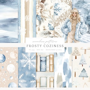 Puede incluir: Un conjunto de 10 patrones digitales sin costuras que presentan diseños invernales en azul, blanco y marrón. Los patrones incluyen copos de nieve, árboles, libros y una mujer con un abrigo de invierno. El texto "FROSTY COZINESS" se muestra en el centro de la imagen.