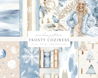 May include: A set of 10 digital seamless patterns featuring wintery designs in blue, white, and brown. The patterns include snowflakes, trees, books, and a woman in a winter coat. The text "FROSTY COZINESS" is displayed in the centre of the image.