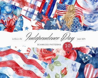 Watercolor Independence Day Seamless Patterns, 4th of July JPEG, PatrioticStripes Digital Download, Repeating pattern, Scrapbook Paper