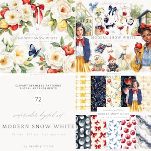 Aquarel moderne sneeuwwitje clipart, Cottagecore-illustraties, fantasy png, sneeuwwitje-illustraties, hert png, digitale stickers, commercieel gebruik