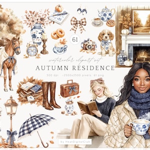 May include: A watercolour clipart set named "AUTUMN RESIDENCE" with illustrations of autumn scenes. The set includes a horse, dog, fireplace, and other seasonal objects. It features a woman with a teacup and another reading. Contains 61 PNG files.