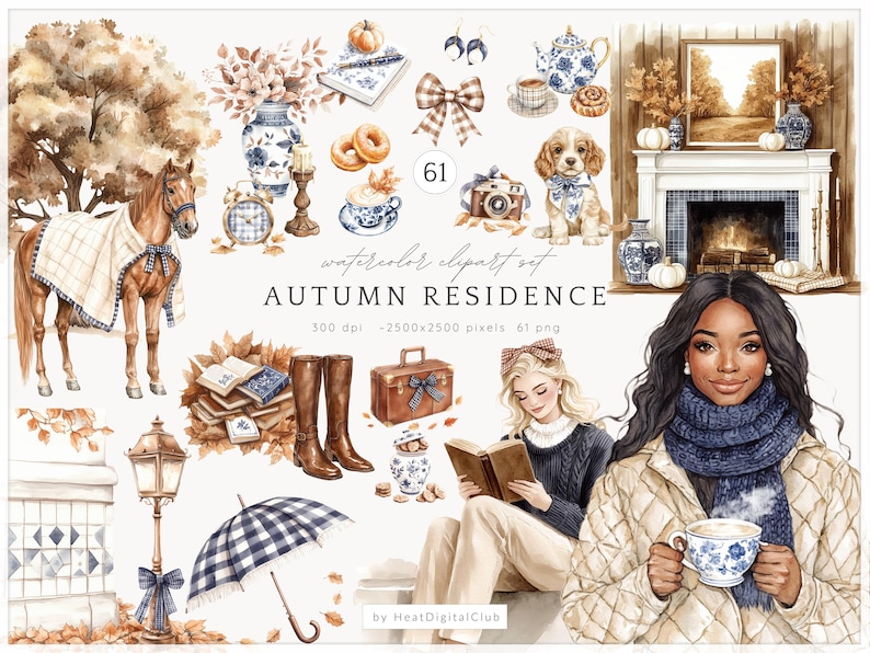 May include: A watercolour clipart set named "AUTUMN RESIDENCE" with illustrations of autumn scenes. The set includes a horse, dog, fireplace, and other seasonal objects. It features a woman with a teacup and another reading. Contains 61 PNG files.
