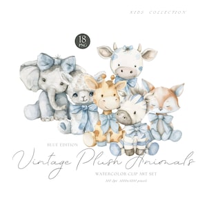 Pacchetto di clipart di animali di peluche vintage blu acquerello, clipart di animali per la cameretta dei bambini, invito per baby shower PNG, decorazioni per bambini con scrapbooking