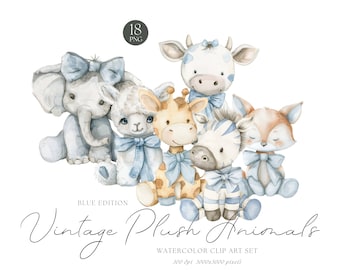 Watercolor Blue Vintage Plush Animals Clipart Bundle, Nursery Animal Clip Art, Baby Shower Party Invite PNG,  Baby Animal Decor Scrapbooking