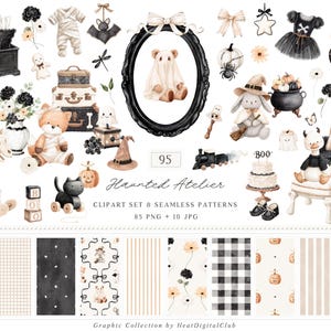 Peut inclure: Une collection numérique d'illustrations sur le thème d'Halloween comprenant un ours en costume de fantôme, un cheval à bascule squelette, un chat noir, un lapin sorcier, un chaudron, des citrouilles, des fantômes et des motifs avec le texte Haunted Atelier.