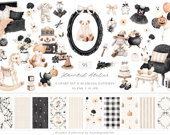 Watercolor Halloween Clipart, Haunted Atelier Neutral Spooky PNG and Seamless Patterns (Digital Download)