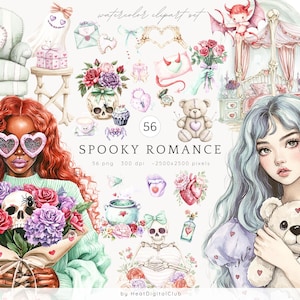 Aquarell gruselige Valentinstag Clipart, Geist-Skelett Amor Scull Herz Vamp Lippen Anti-Valentinstag Clipart-Set PNG, digitaler Download