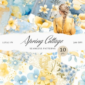 Motivi senza soluzione di continuità con cottage primaverili ad acquerello, motivo floreale JPEG, download digitale di fiori primaverili, carta per album con motivo ripetuto
