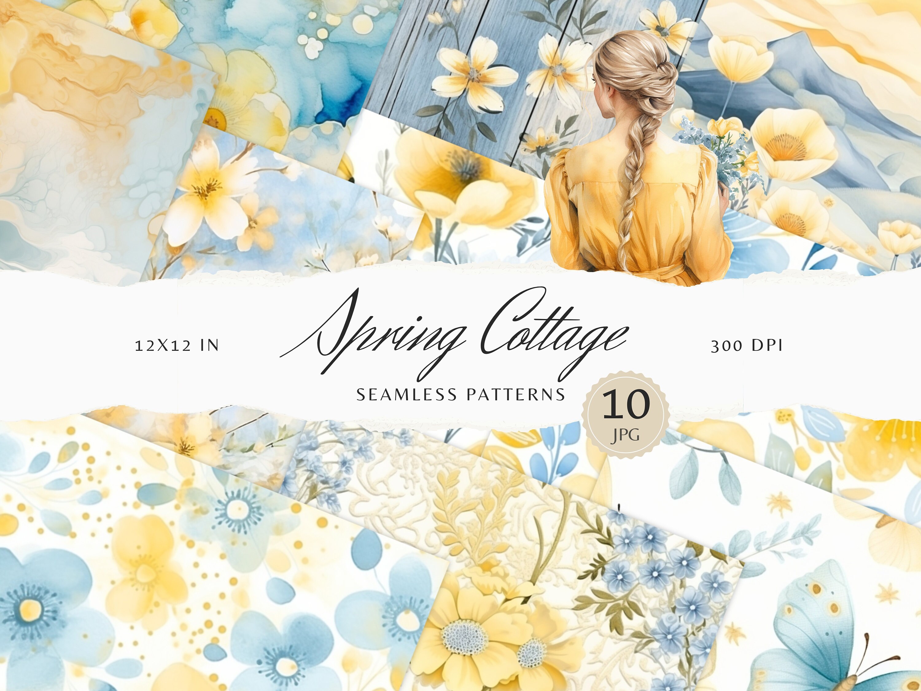 Watercolor Spring Cottage Seamless Patterns, Floral Pattern JPEG, Spring flowers Digital Download, Repeating pattern Scrapbook Paper
