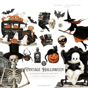 Vintage Creepy Halloween Clipart, Old Style Antique Halloween Clip Art PNG, Watercolor skulls, bats, owls, spiders digital ephemera download