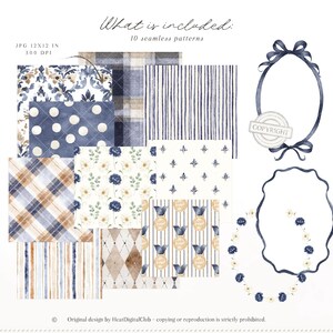 May include: Digital art set featuring ten seamless patterns in shades of blue, brown, and white. The patterns include polka dots, plaid, floral, and striped designs. Also included are two decorative frames and a floral wreath. The text reads "What is included: 10 seamless patterns."