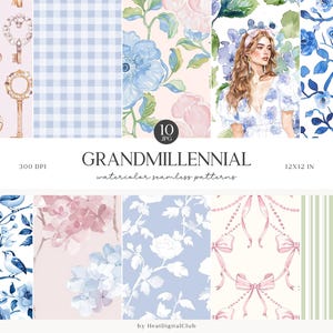Watercolor Grandmillennial Seamless Patterns, Pastel Floral JPEG, Stripes, Plaid, Toile, Digital Repeating pattern, Scrapbook Paper
