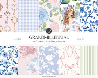 Aquarell Grandmillennial nahtlose Muster, Pastellblumen JPEG, Streifen, Plaid, Toile, Digital Rapportmuster, Scrapbook Papier