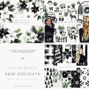 Watercolor Black and White Holidays ClipArt, Cozy Winter Clip Art Bundle, Holidays PNG, Winter  PNG, Cottagecore clipart, Digital Download